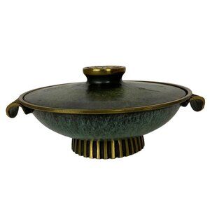 Vintage Dayagi Brass Enamel Lidded Dish Mosaic Rooster Handle Green Gold Israel